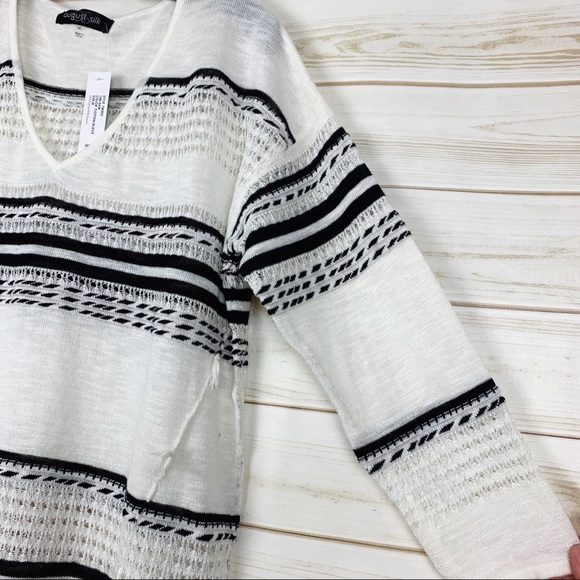 August Silk Black White Striped V Neck Fringe Semi Sheer Pullover Sweater Medium - Picture 7 of 15